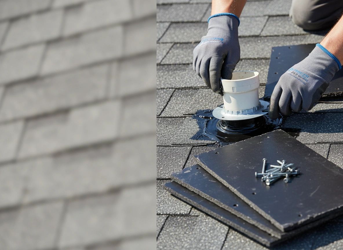 Close-up workmanship shot (flashing/vent repair + shingles)