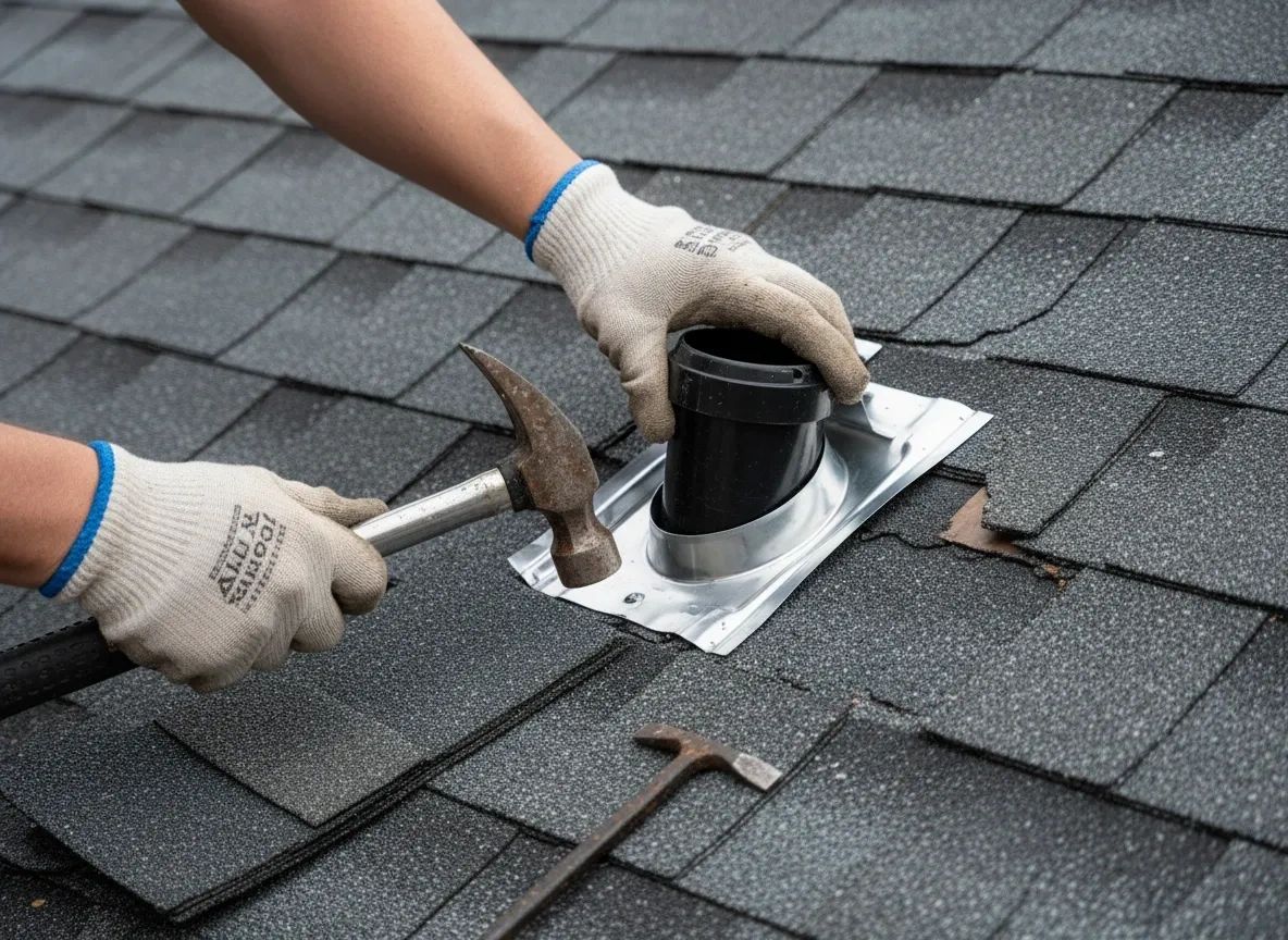 Roofer repairing storm-damaged roof flashing and replacing shingles during leak repair