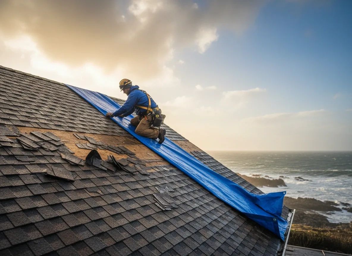 Storm damage roof repair with emergency tarping on a New England home by Iron Badger Roofing