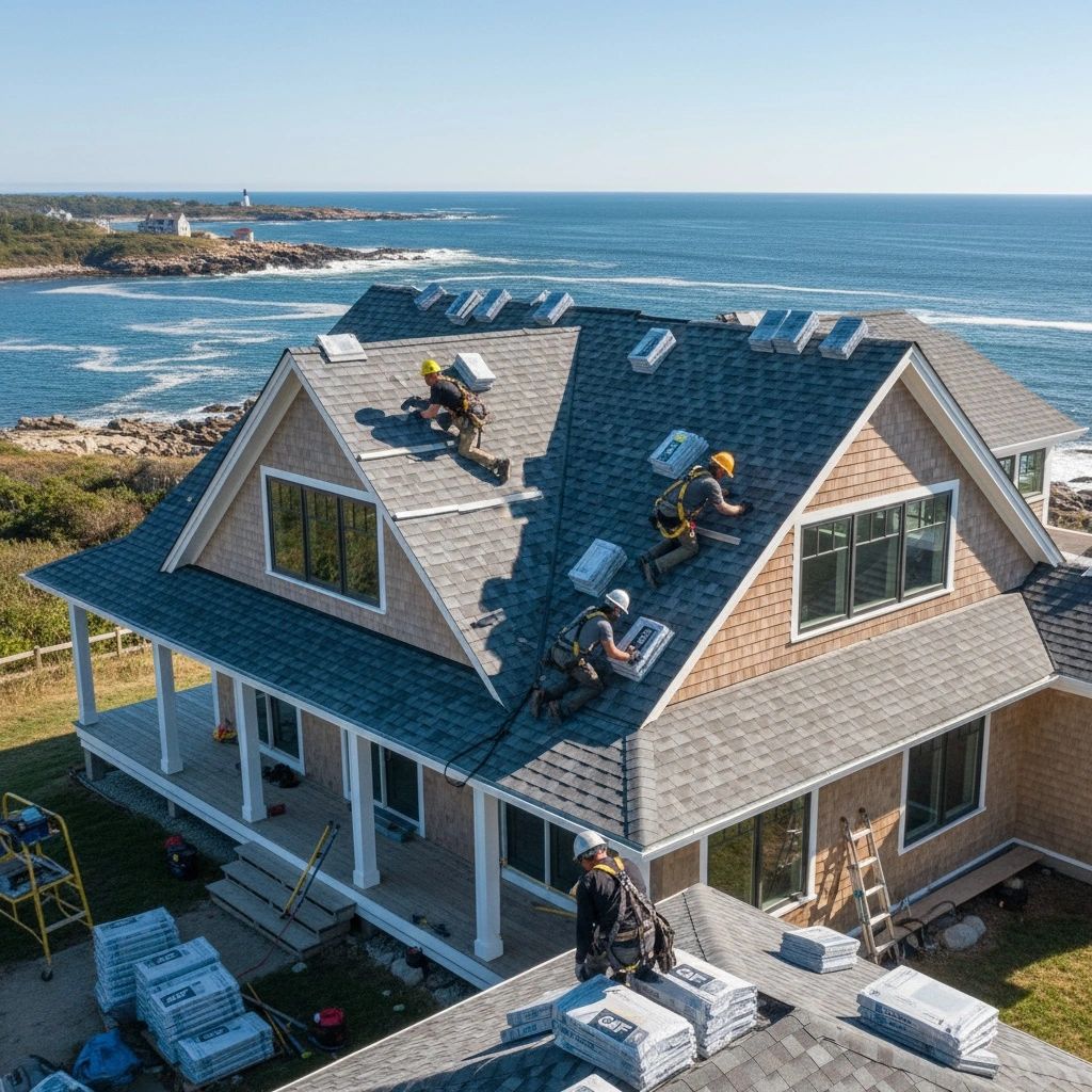 Roofing crew installing shingles on Wells home with safety gear.