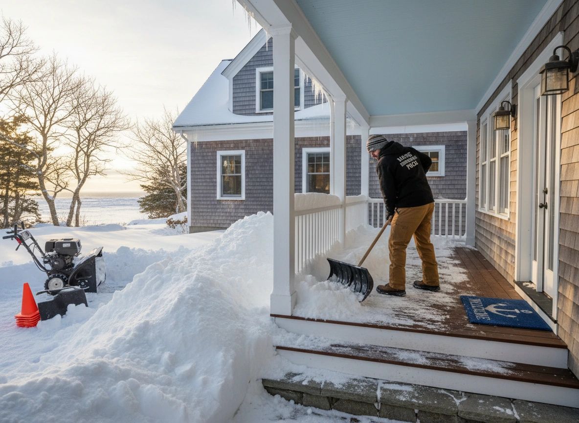 Person shoveling a residential porch and front steps in Maine during winter