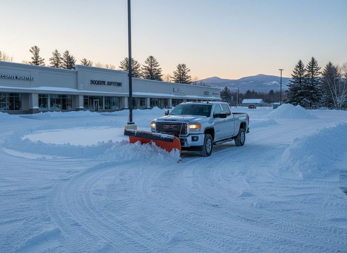 GMC pickup truck clearing a small commercial parking lot in Maine